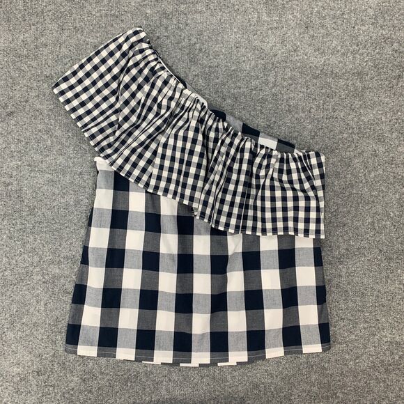 J Crew Top Womens 2 Navy Gingham Plaid Cotton Stretch Poplin Ruffle One Shoulder - Picture 6 of 12
